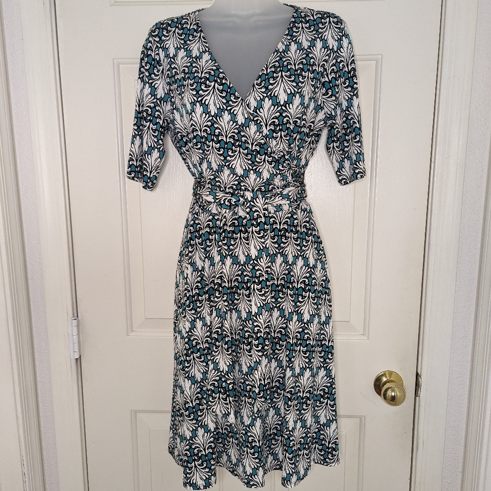 Wrap Dress (Faux) Stretch Elbow Sleeve Print Blue/Green Pullover M - Picture 1 of 14